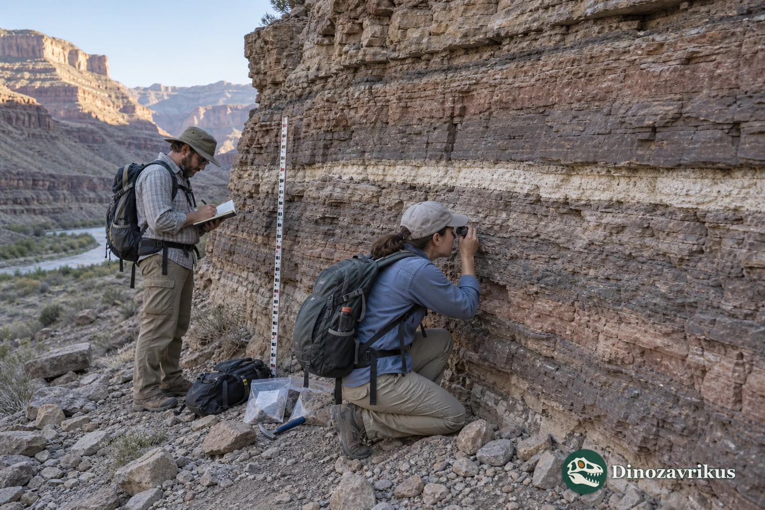 Geologists recording layered rocks and a boundary marker in a measured section