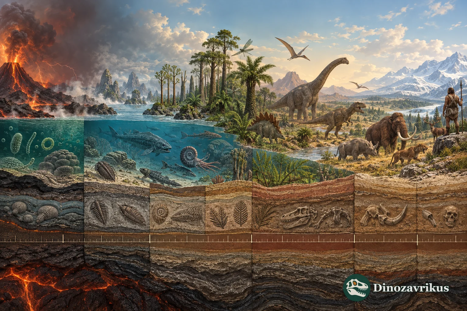 Rock layers arranged as a visual geological timeline from early Earth to recent life