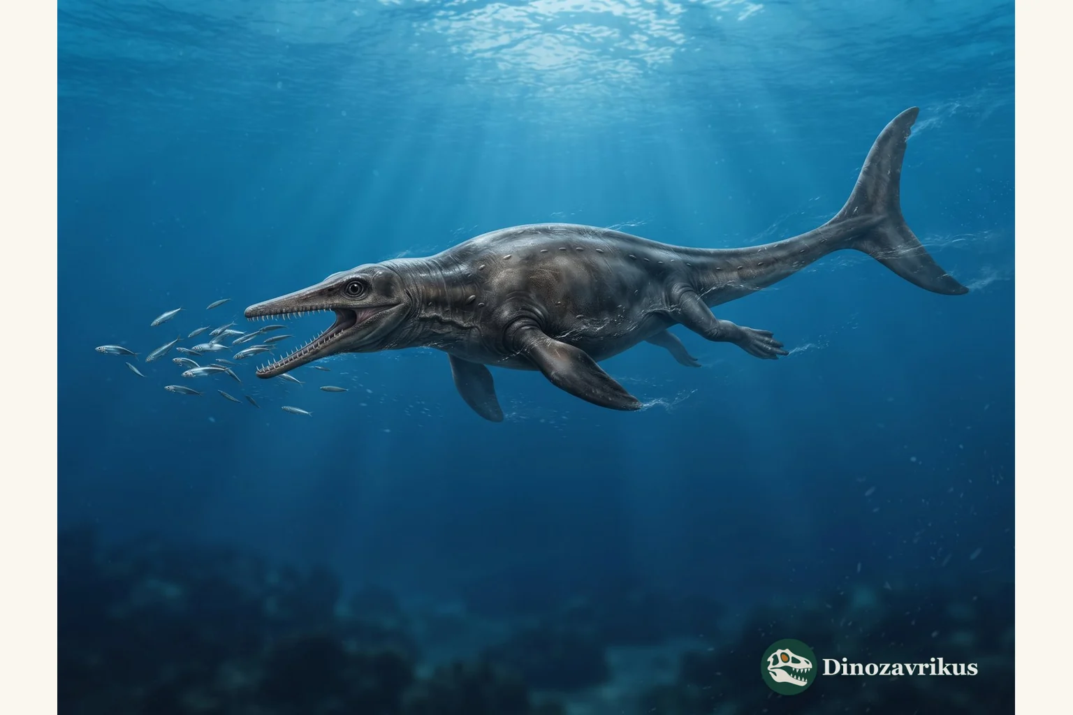 Geosaurus swimming through a deep Jurassic sea beside a school of fish