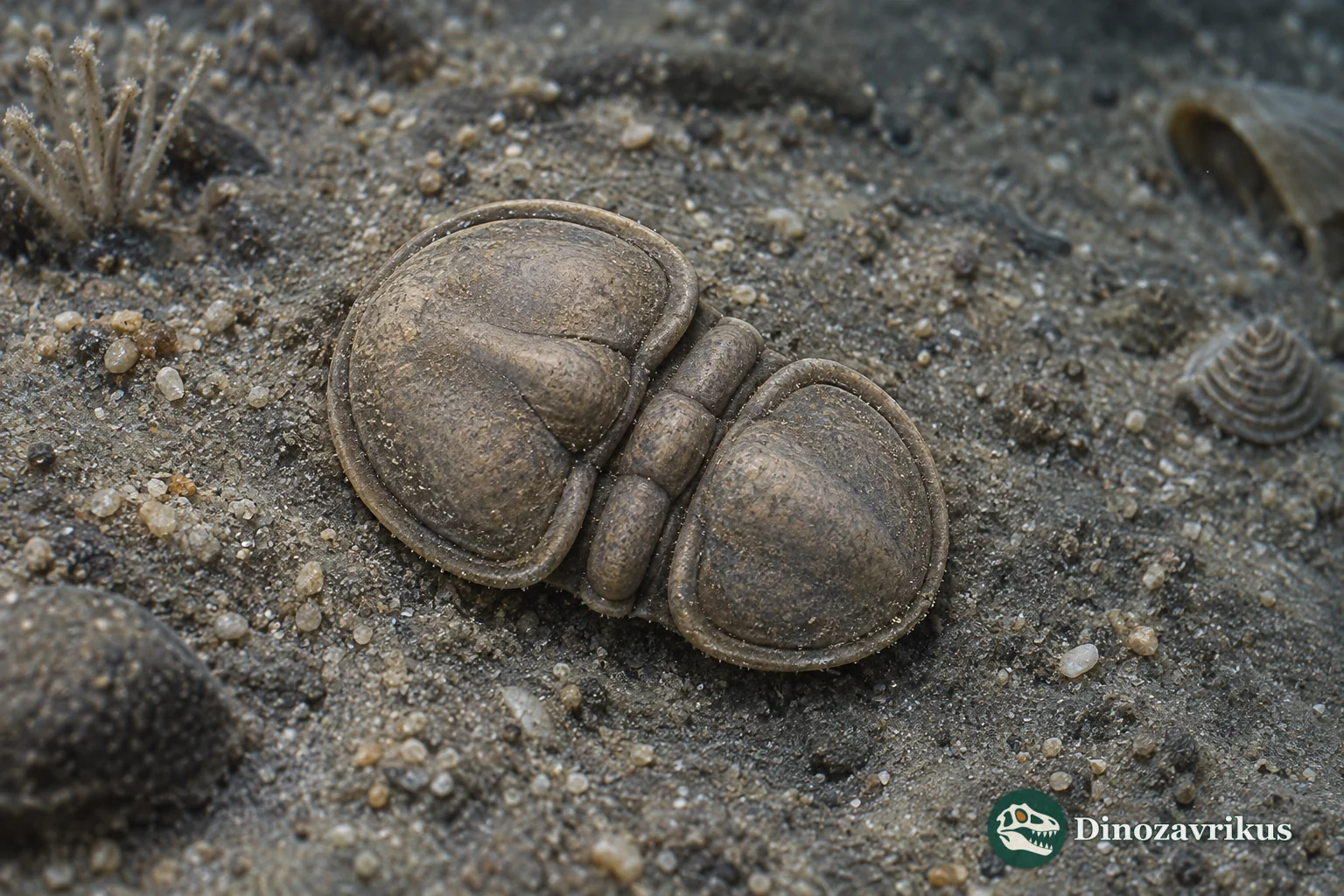 A small enrolled Geragnostus agnostid with two broad shields and a short two-segment thorax on Cambrian seafloor sediment