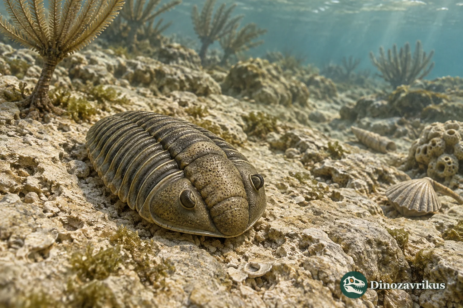 Gerastos cuvieri, a small proetid trilobite on a Middle Devonian limestone seafloor