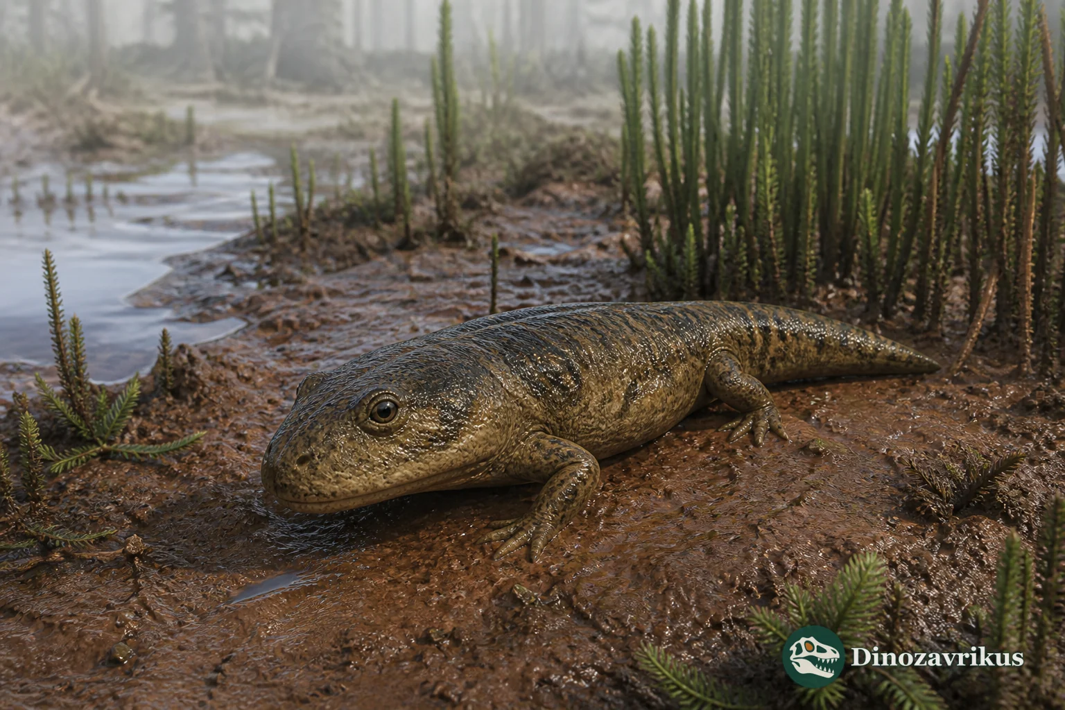 Gerobatrachus hottoni reconstructed beside a shallow Early Permian pool in Texas