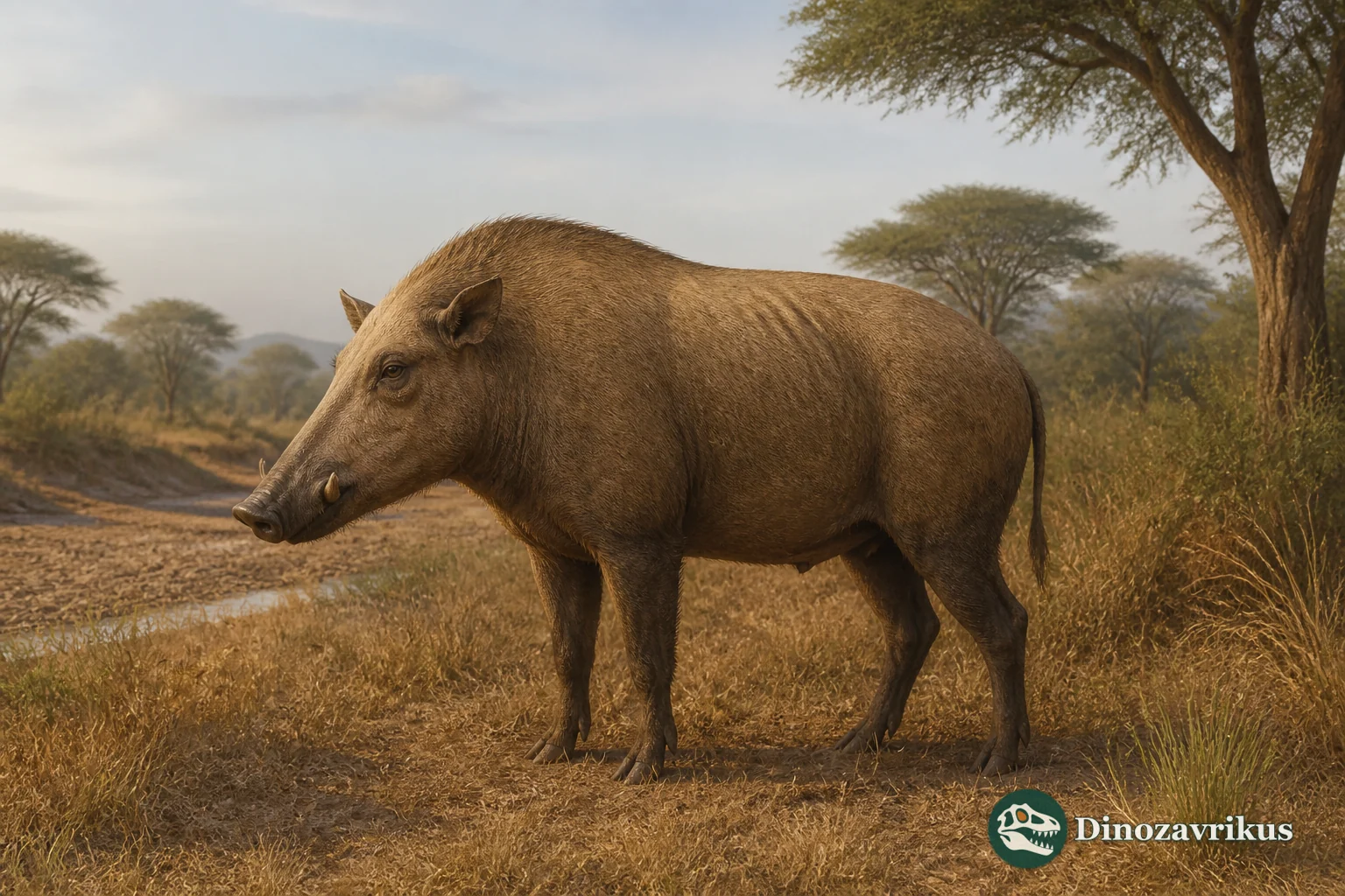 Gerontochoerus reconstructed in an open woodland savanna, with large cheek teeth highlighted in the inset