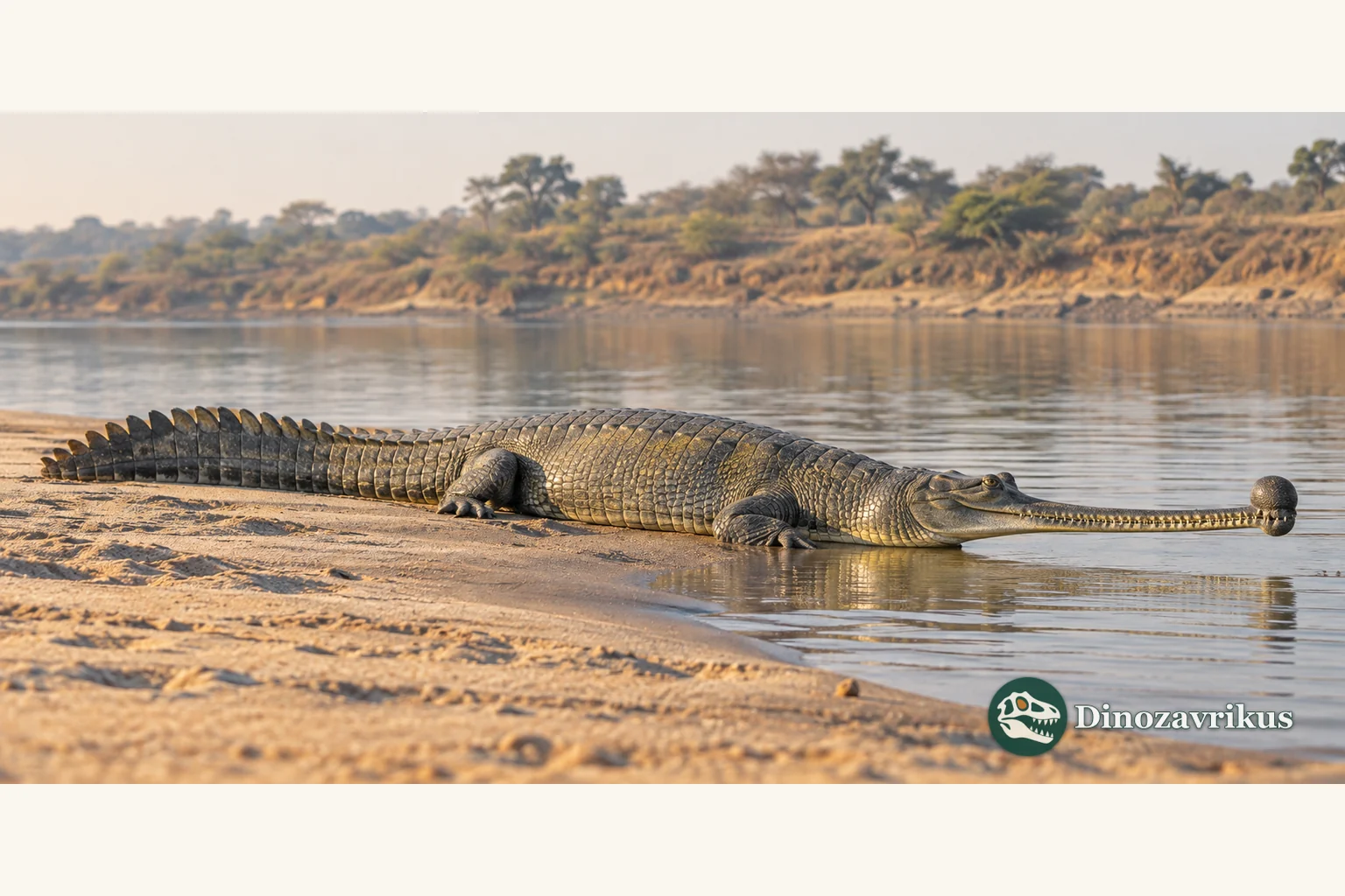A male gharial resting at the edge of a broad Indian river