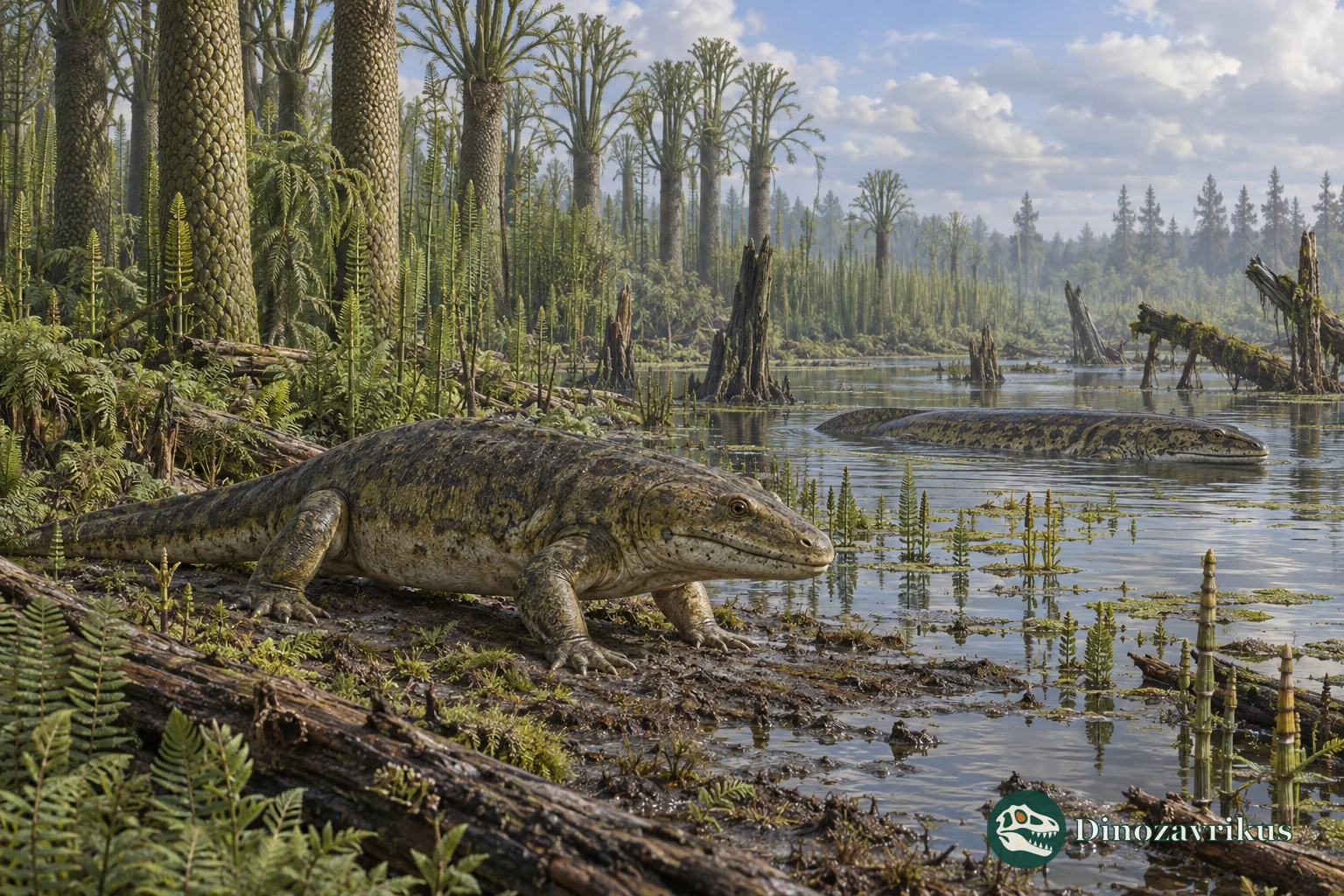 Illustrative reconstruction of large early tetrapods among Carboniferous swamp vegetation