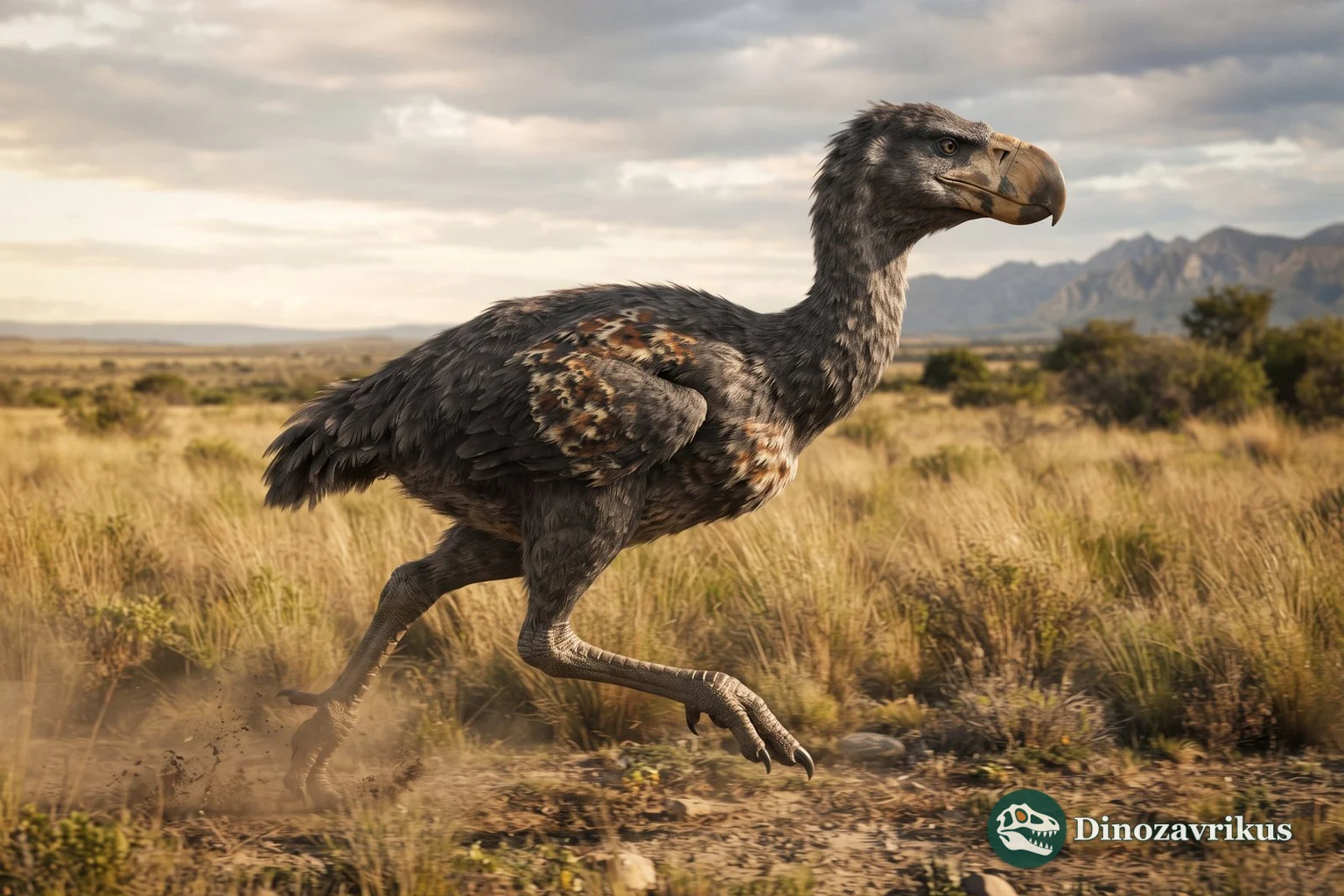 Phorusrhacid reconstructed running across open South American terrain