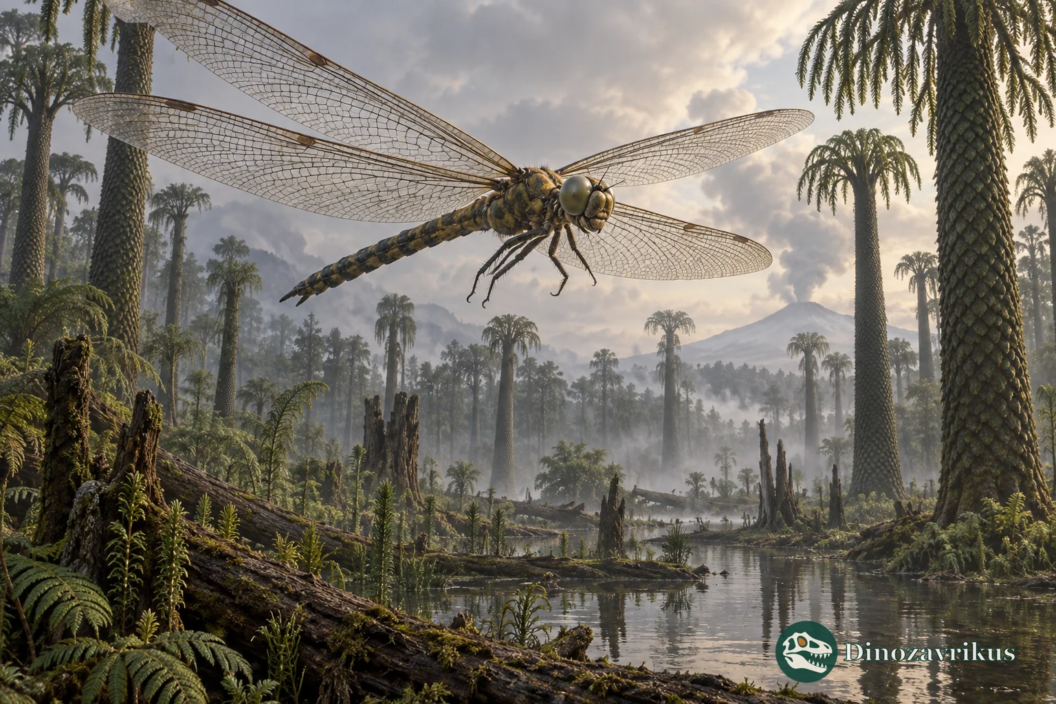 A giant griffinfly Meganeura flying above a humid Carboniferous coal-swamp forest