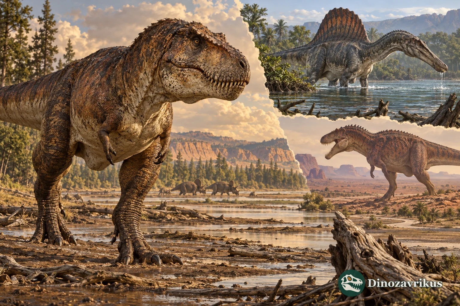 Separate landscapes illustrate a tyrannosaur, a spinosaur and a carcharodontosaur from different times and places
