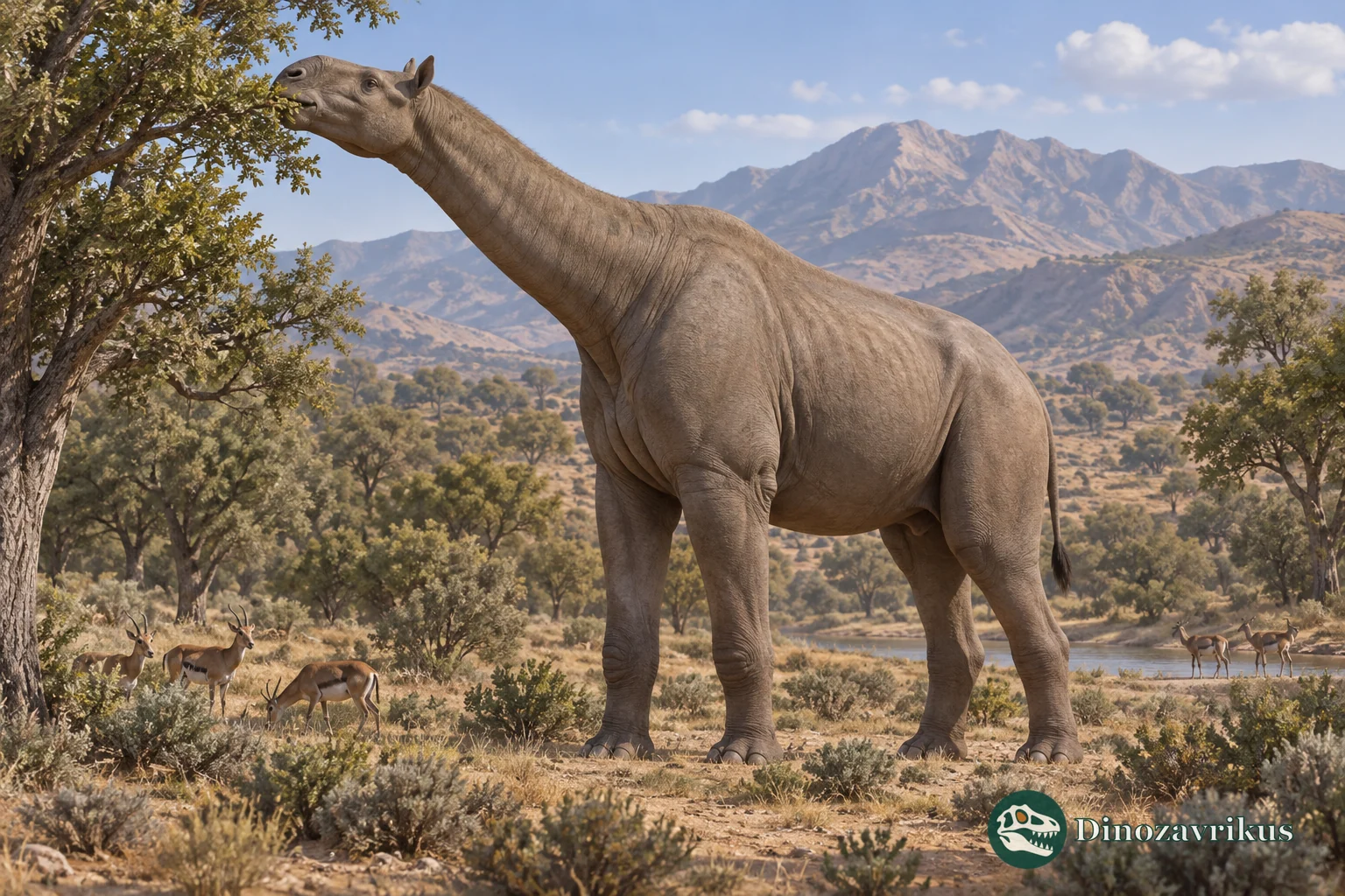 Artistic reconstruction of the giant hornless rhinocerotoid Paraceratherium browsing in an Oligocene landscape