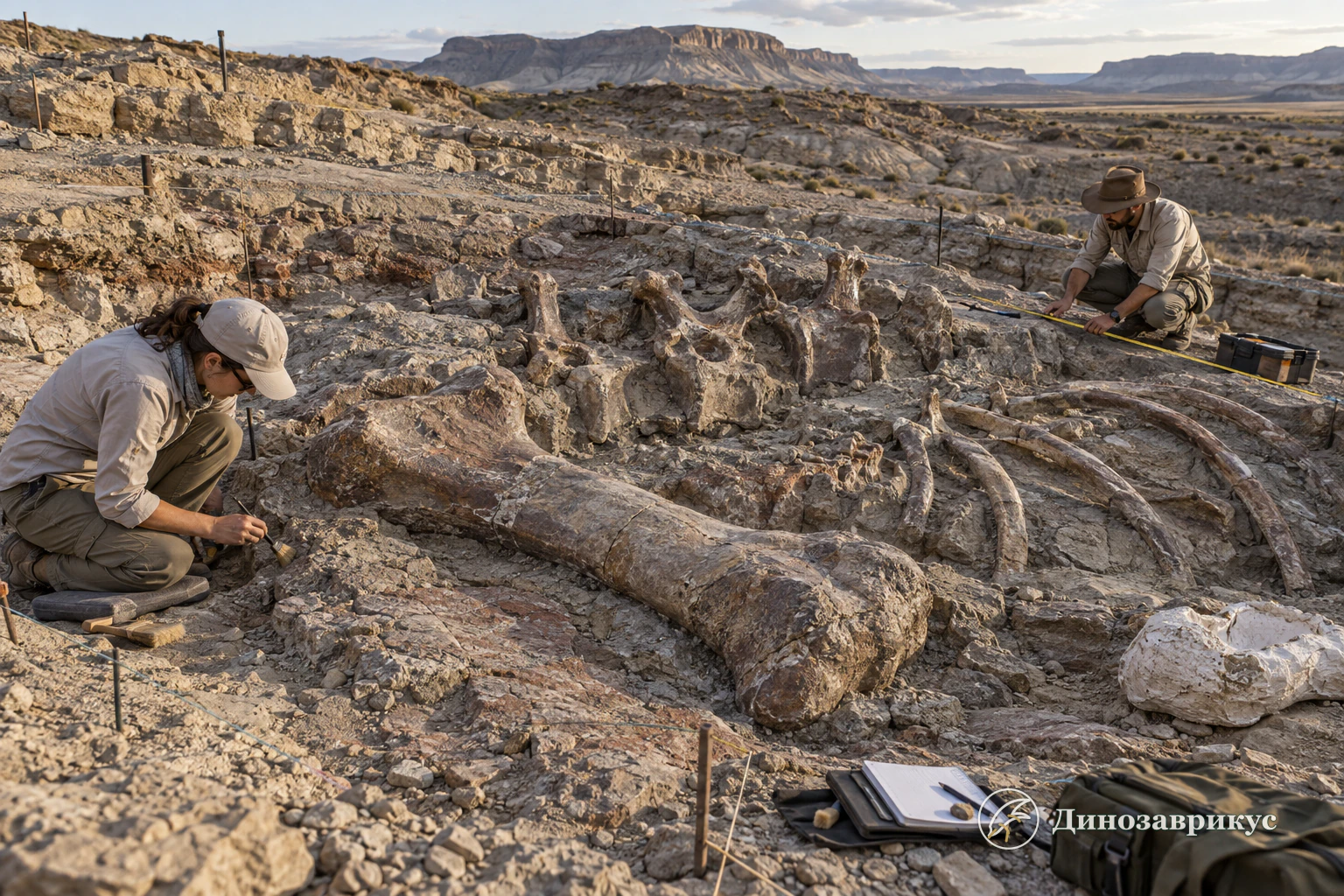 A sauropod feeding among conifers beside a fossil-rich floodplain