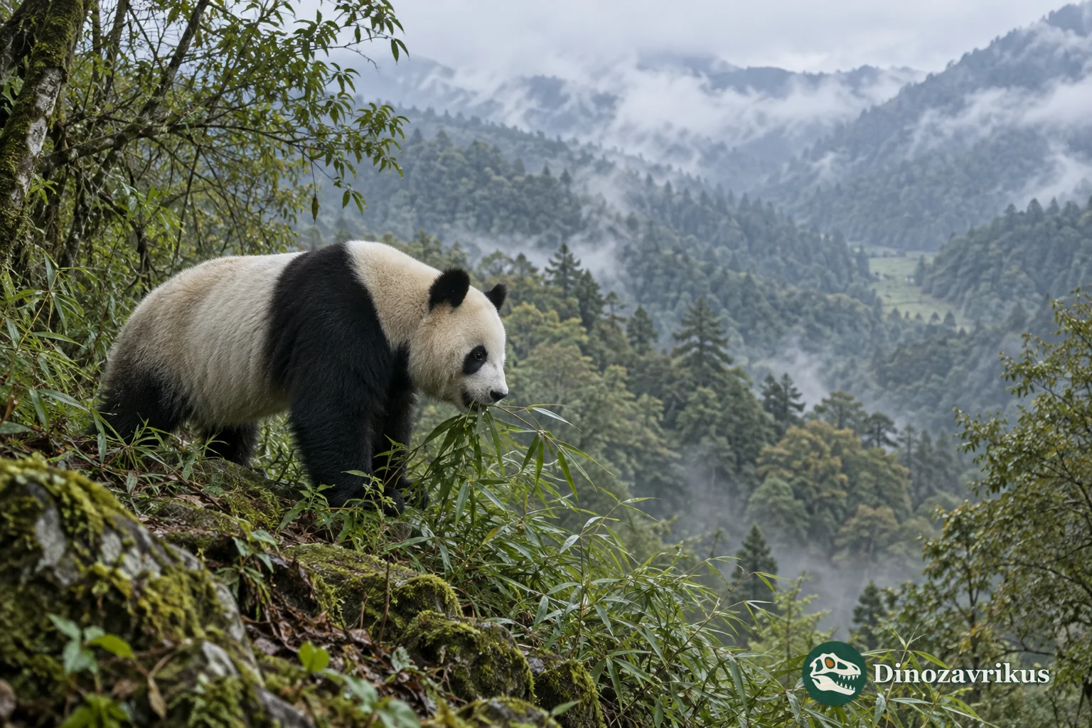 Giant panda feeding in mountain bamboo forest with forested ridges beyond