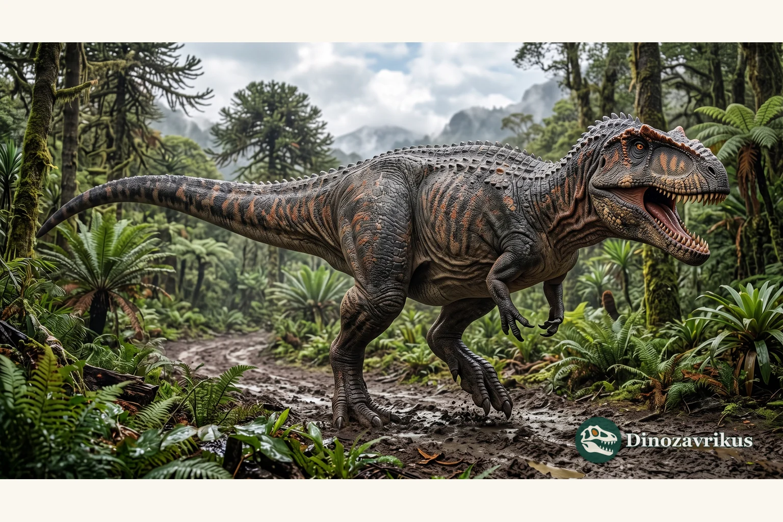 Giganotosaurus reconstructed in a Patagonian forest setting