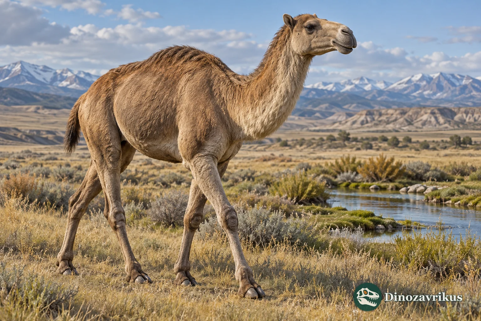 Artistic reconstruction of a giant North American fossil camel on an open plain