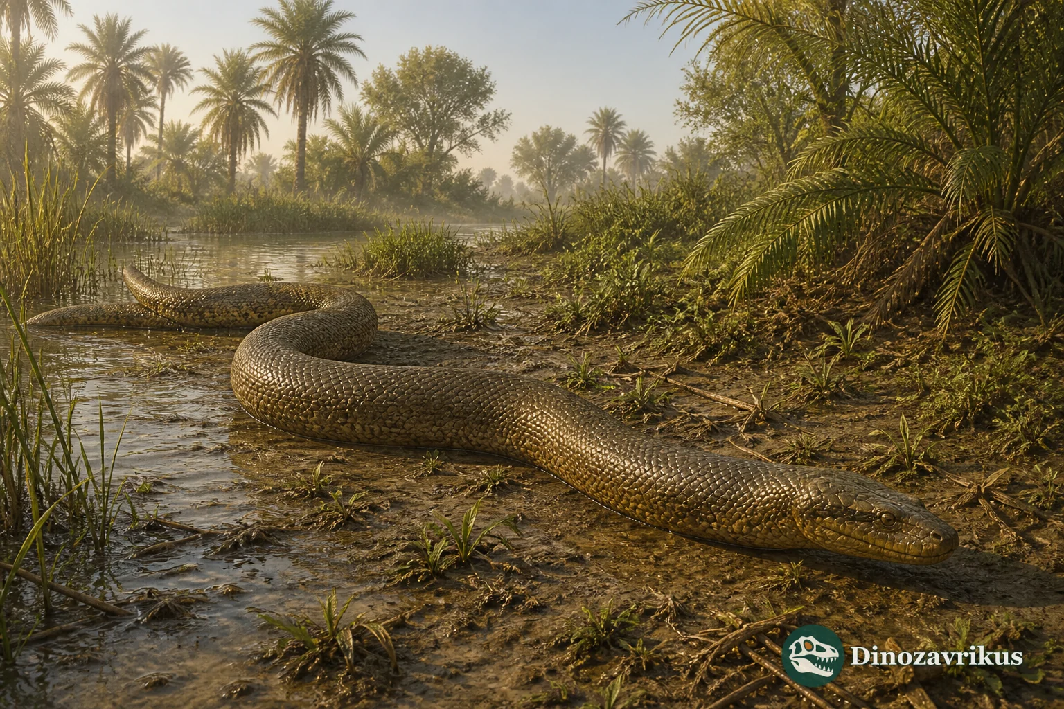 Gigantophis moving through a wetland in the Eocene Fayum of Egypt