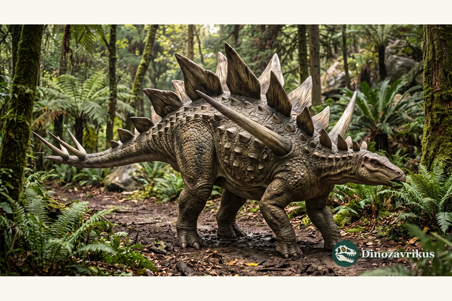 Gigantspinosaurus reconstructed with large shoulder spikes in a Late Jurassic forest of Sichuan
