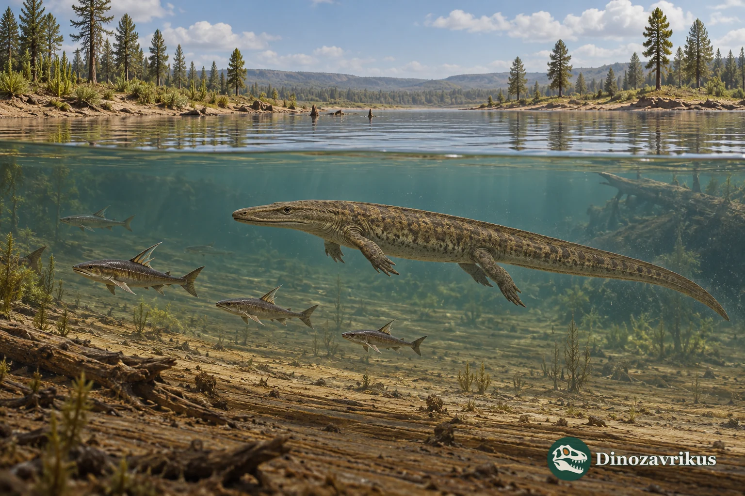 Artistic underwater view of Glanochthon and acanthodian fishes in an Early Permian lake