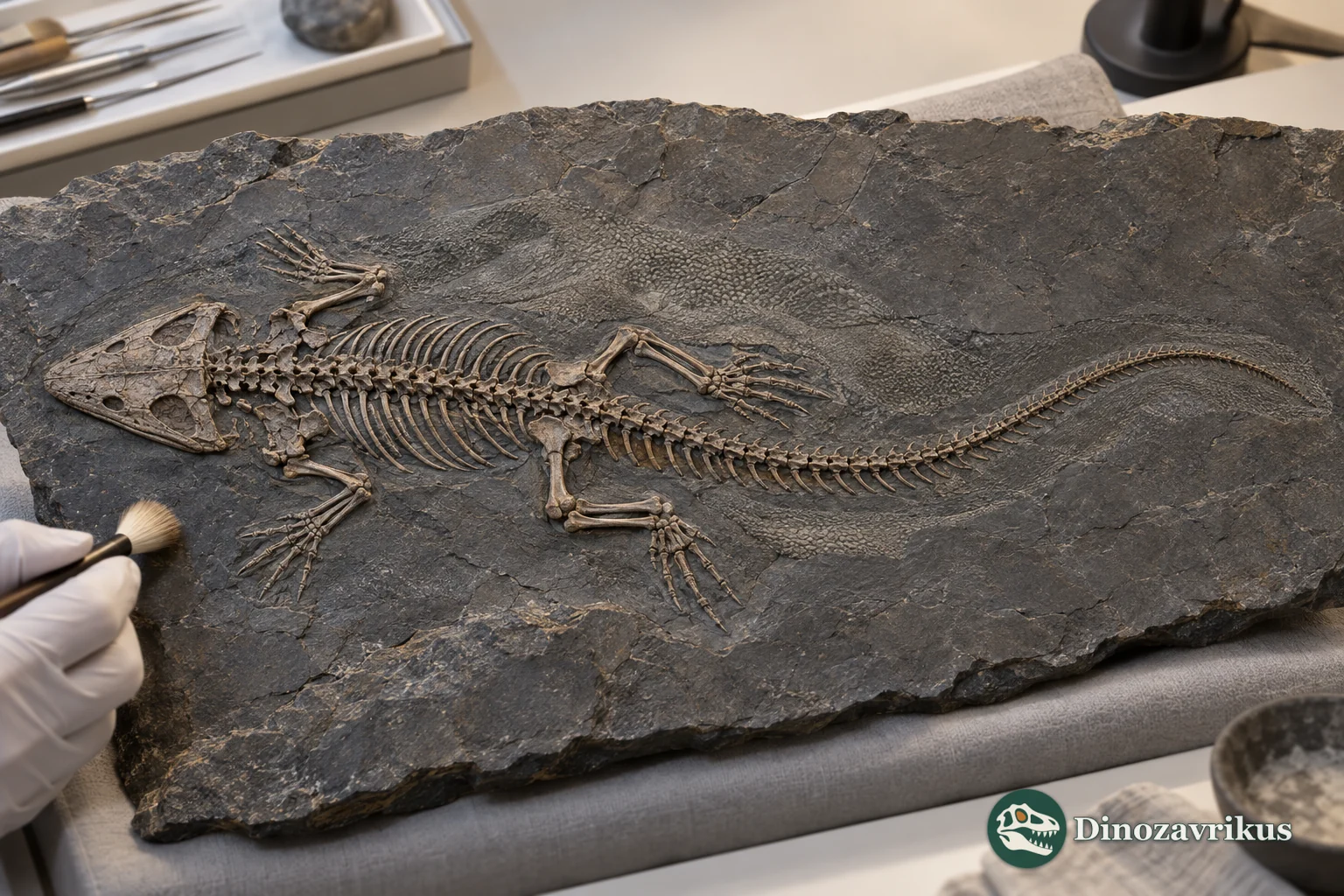 Illustrative museum conservation scene with an articulated temnospondyl skeleton on a fossil slab