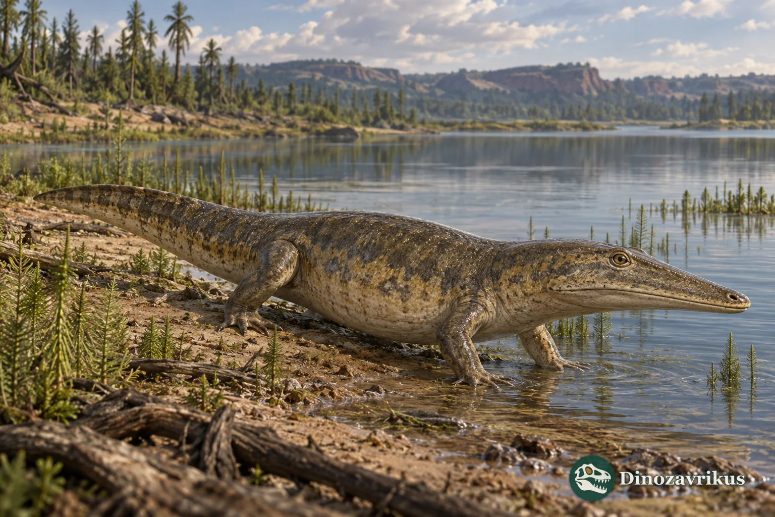 Artistic reconstruction of Glanochthon at an Early Permian lake