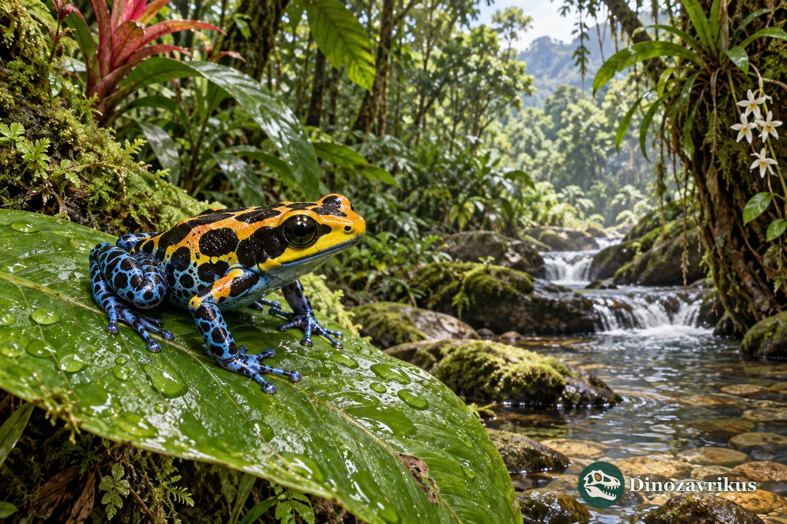 Brightly patterned tropical frog resting on a wet leaf beside a forest stream