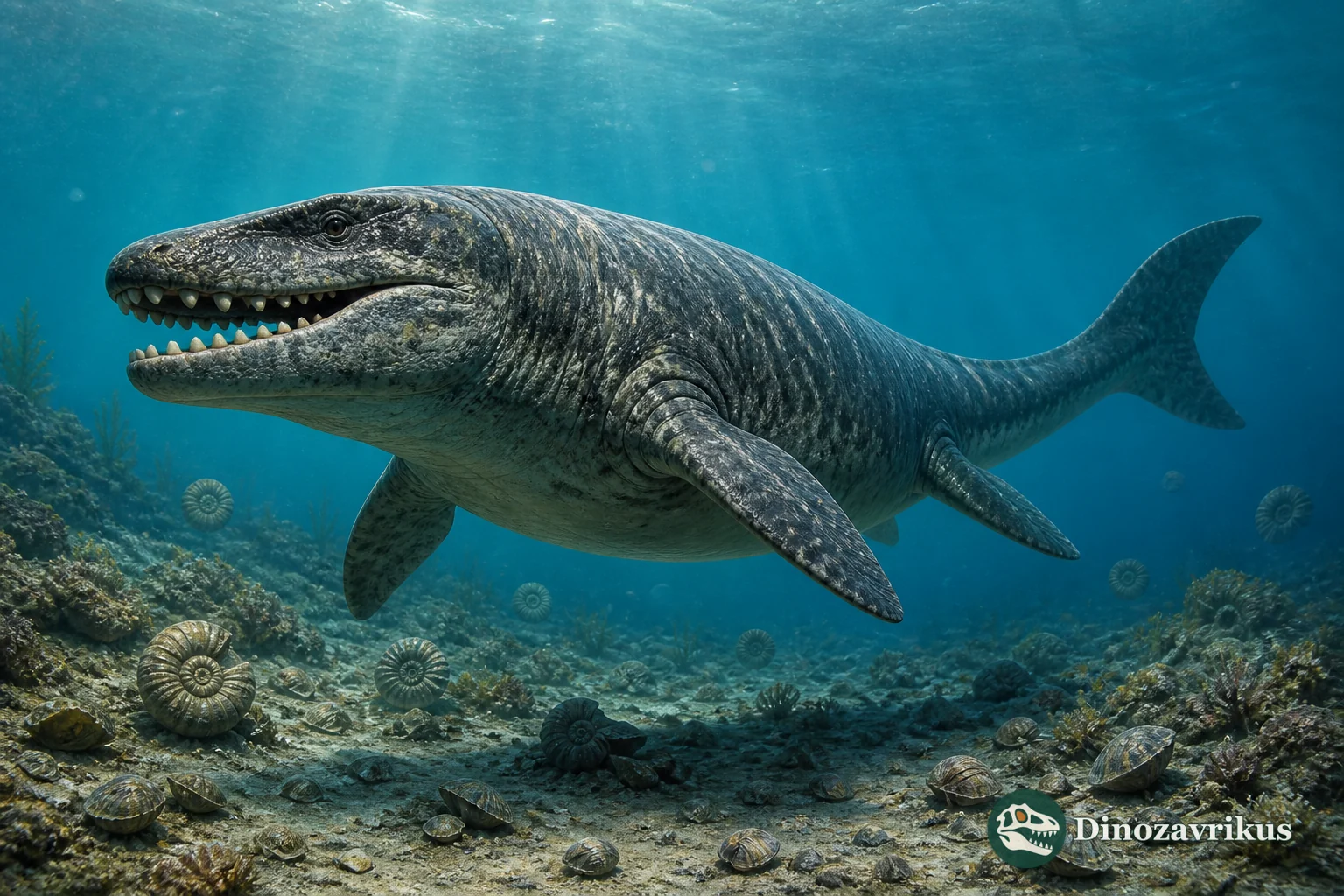 Globidens swimming above a Late Cretaceous seafloor