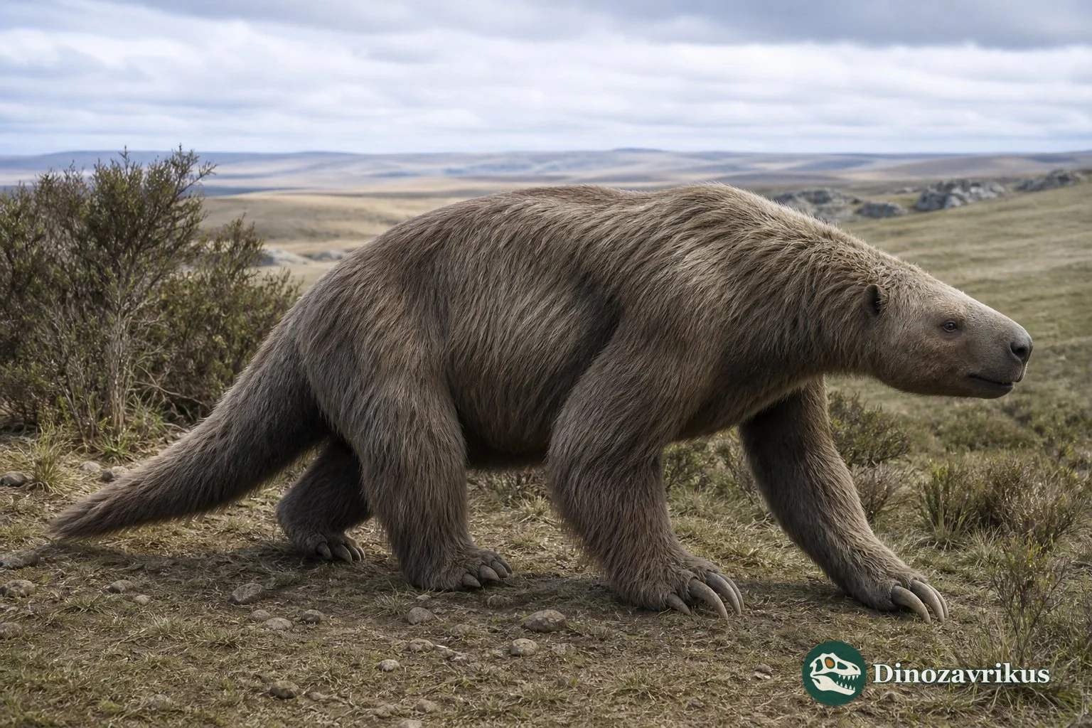 Glossotherium ground sloth in a reconstructed Pleistocene South American open woodland