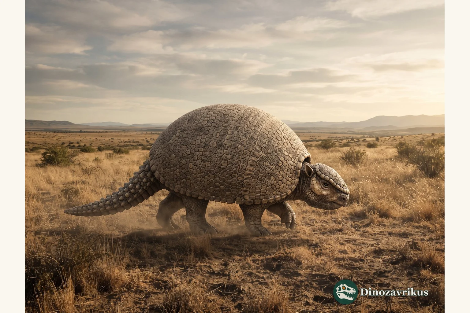 Glyptodon with a domed carapace on a South American Pleistocene plain