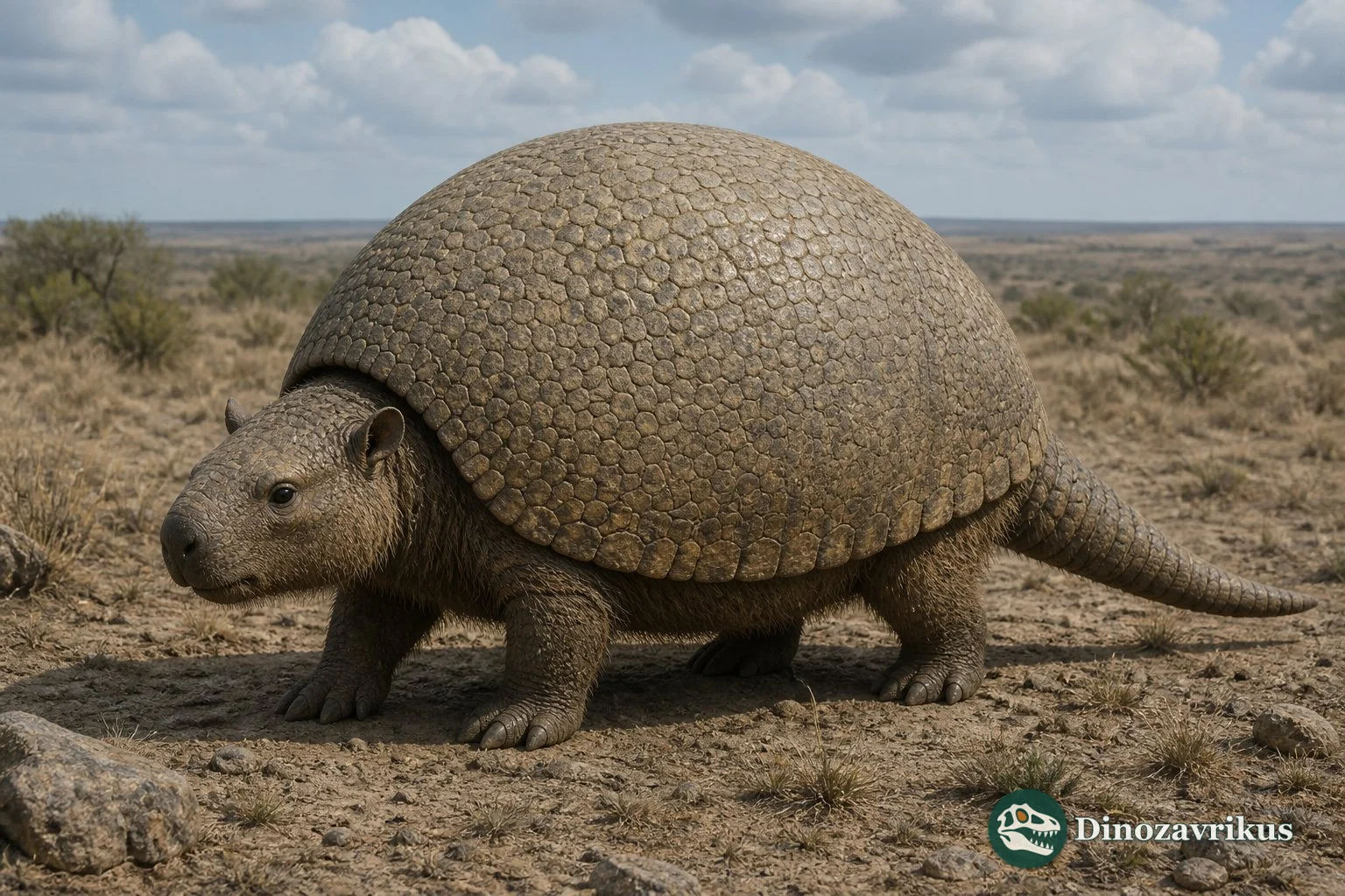 Reconstruction of Glyptotherium walking across an open American landscape
