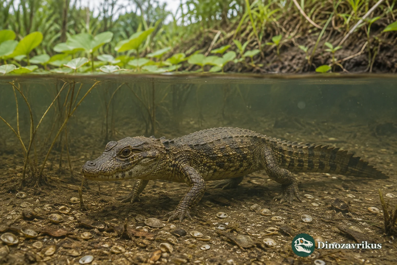 Gnatusuchus probing soft sediment in the Middle Miocene Pebas wetlands