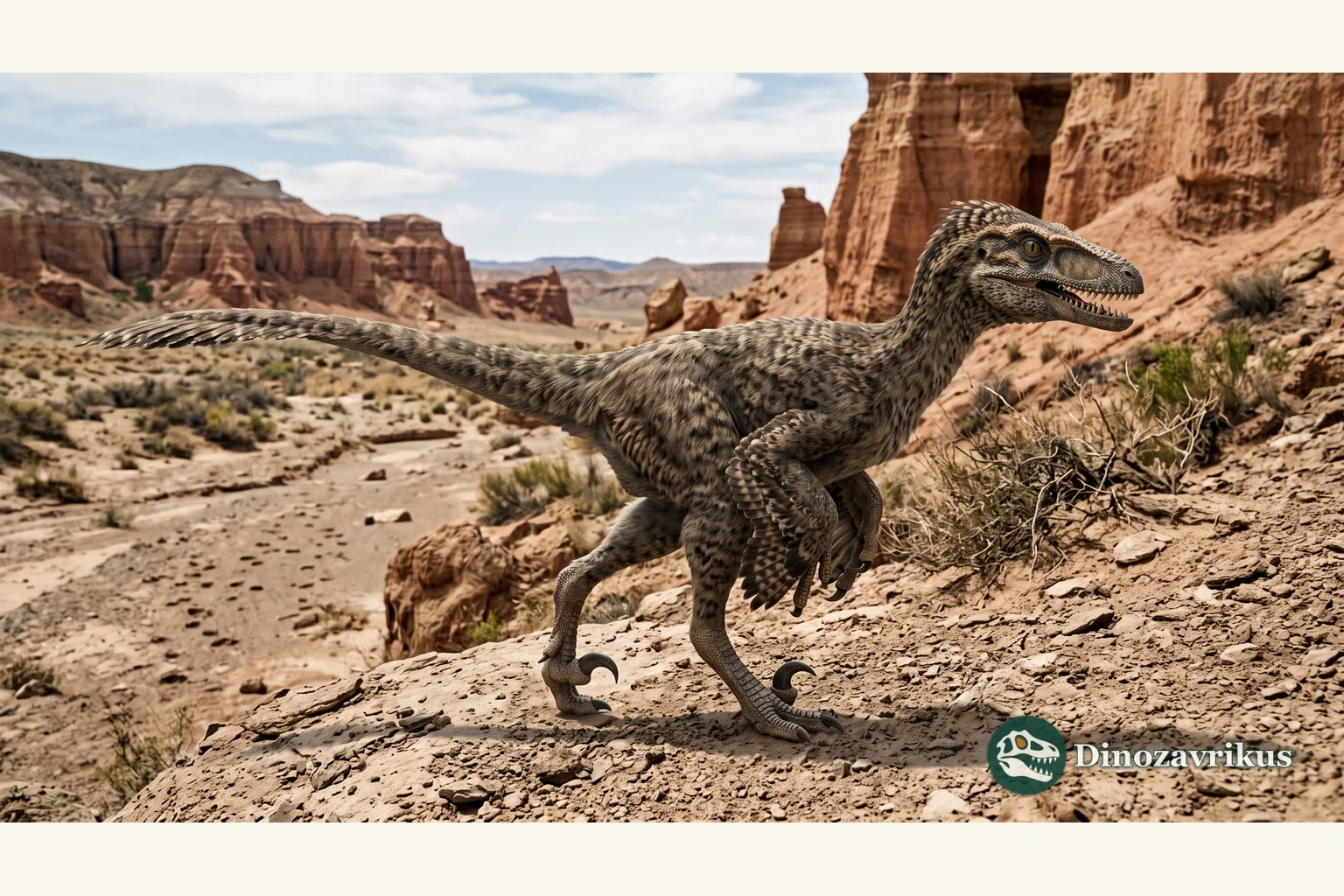 Illustrative reconstruction of Gobivenator in the Late Cretaceous Djadokhta environment