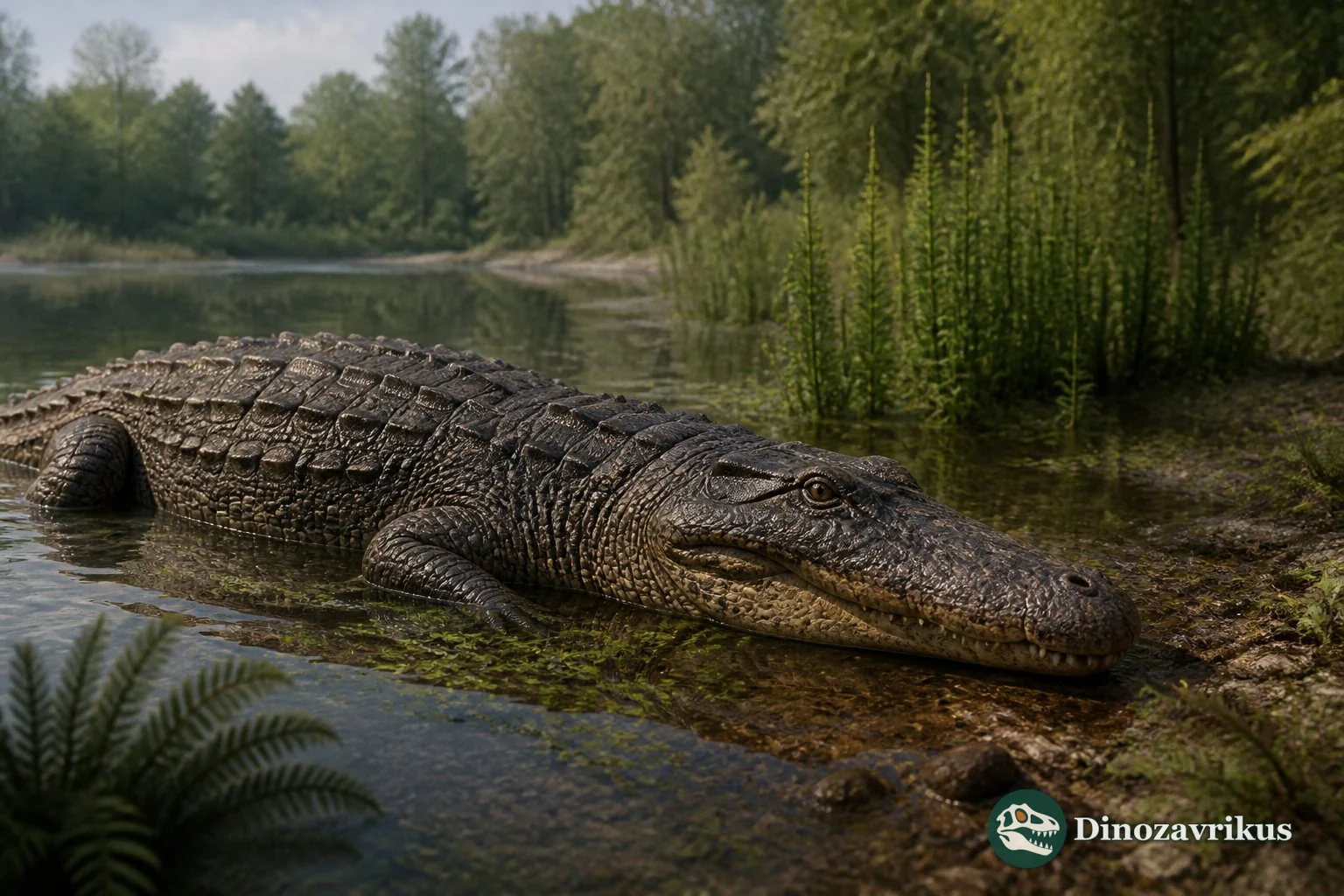 Goniopholis reconstructed beside a Late Jurassic river