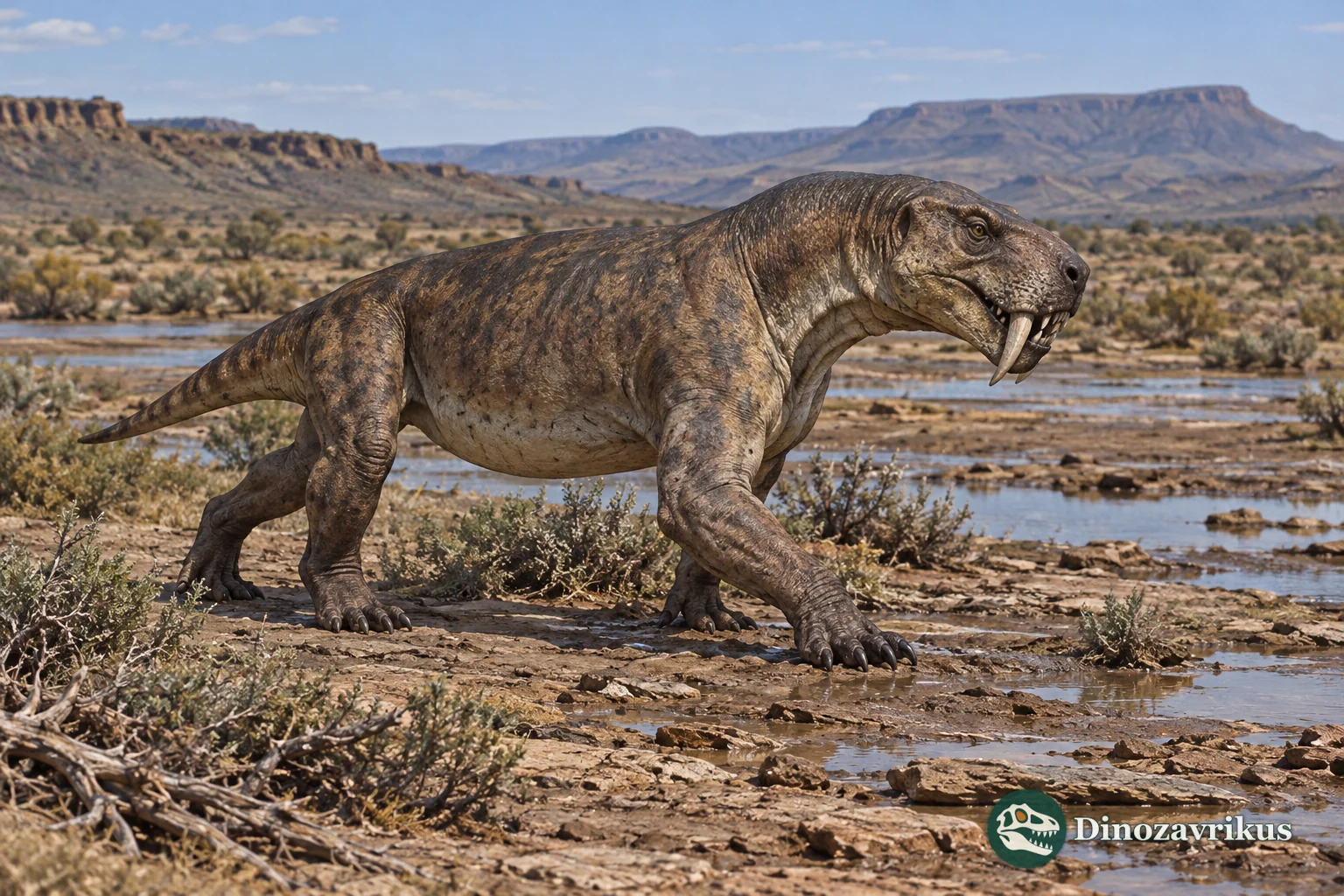 A gorgonopsian walking across a dry Permian floodplain in the Karoo region of South Africa