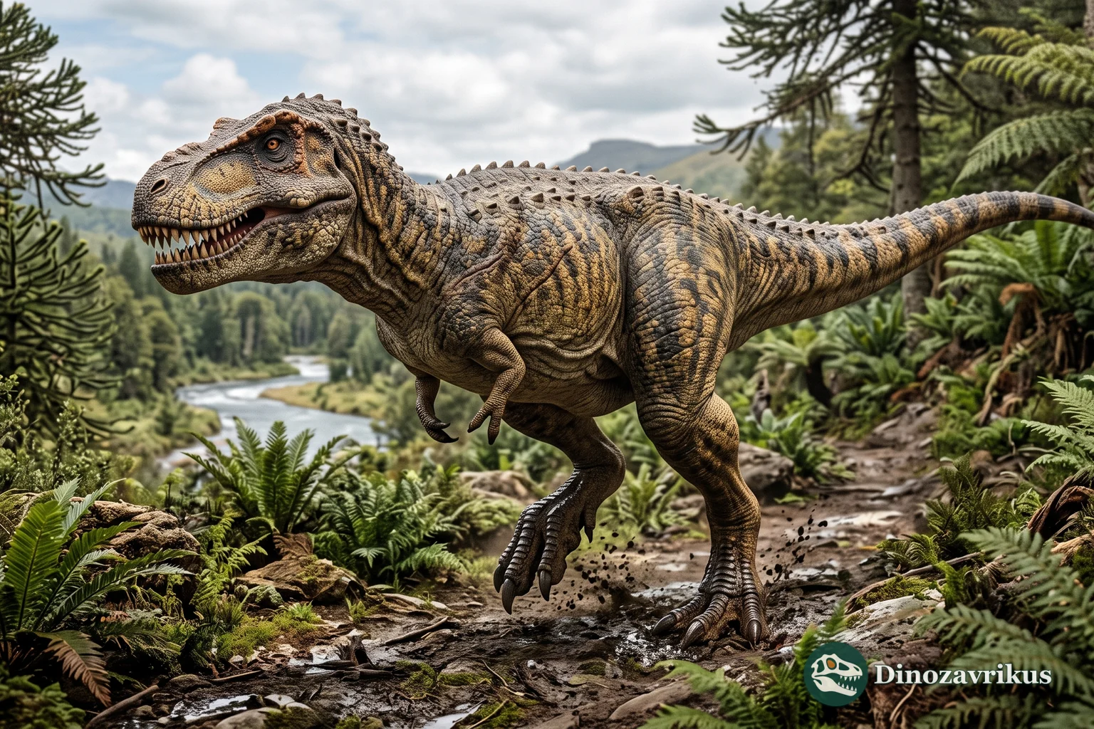 Reconstruction of Gorgosaurus crossing a Late Cretaceous floodplain