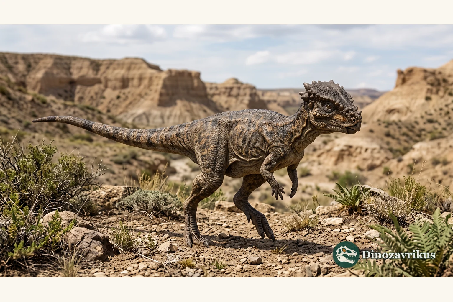 Illustrative reconstruction of Goyocephale in a Late Cretaceous Mongolian landscape