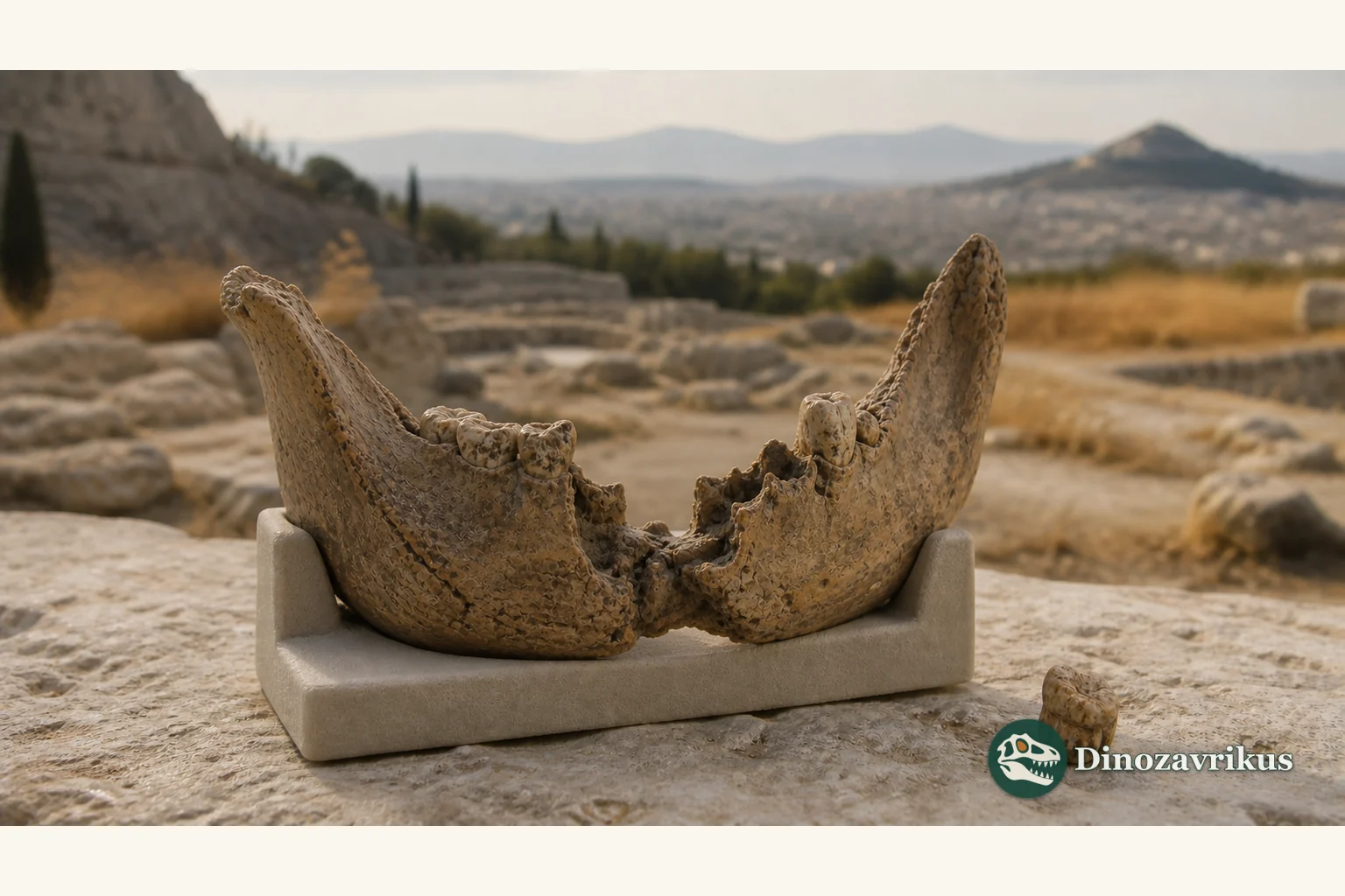 Damaged Graecopithecus lower jaw displayed near its Greek locality