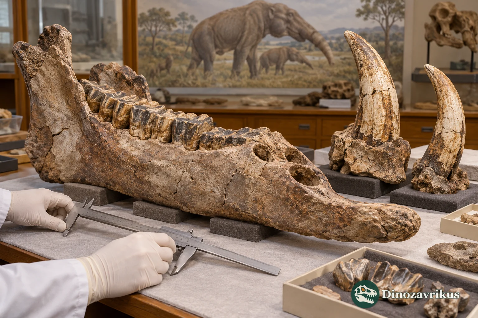 Illustrative museum preparation scene showing a large fossil jaw and tusks under conservation study