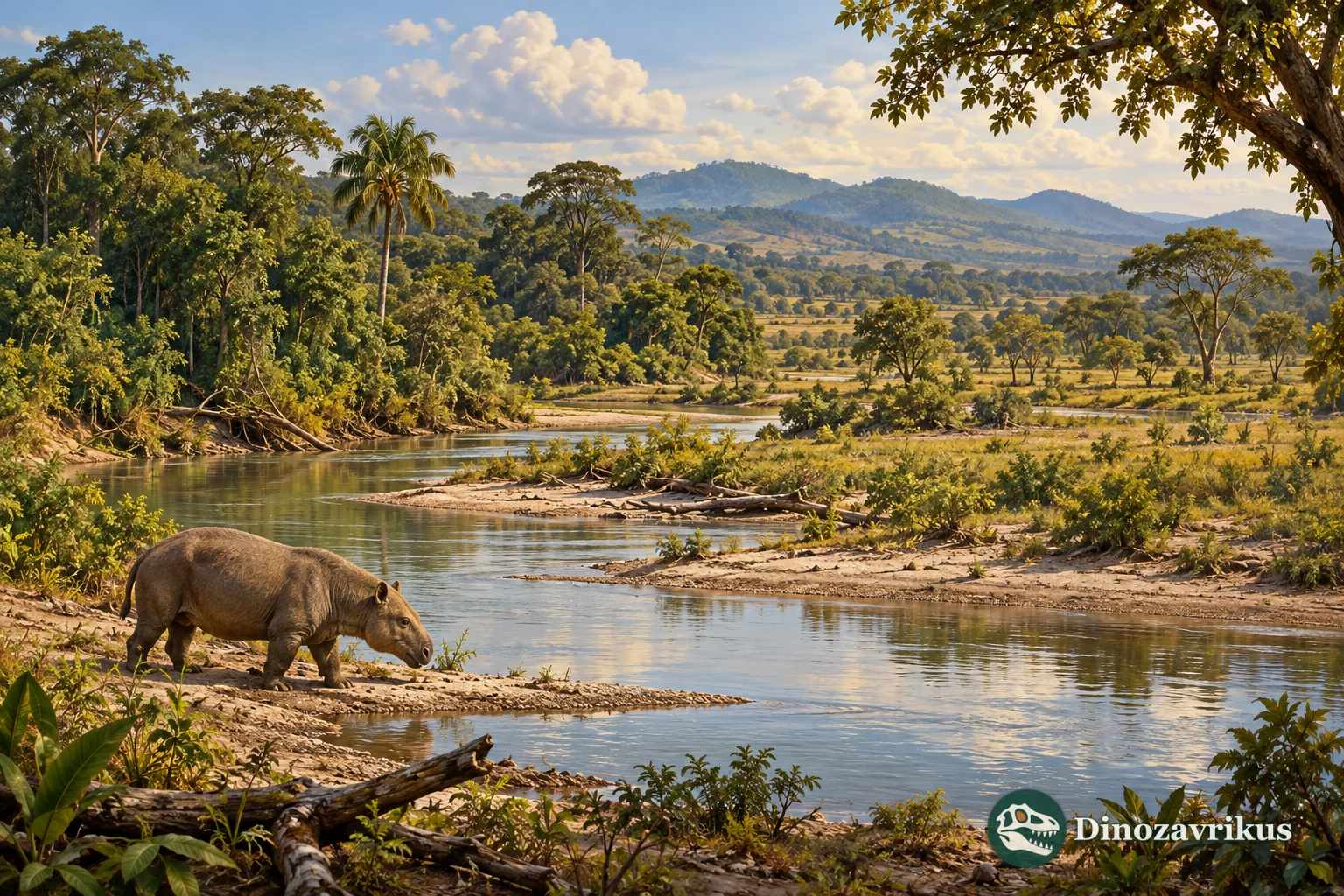 Generalized middle Miocene river and woodland landscape in northern South America with a distant large mammal silhouette