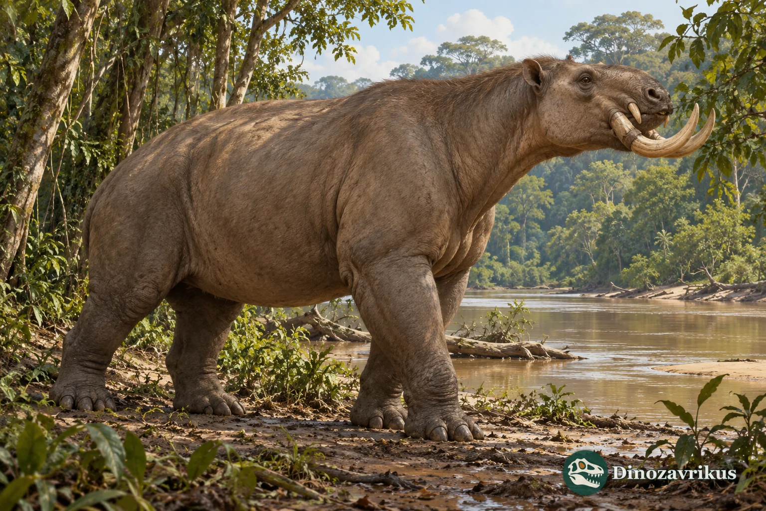 Artistic reconstruction of a large tusked Granastrapotherium beside a Miocene South American river