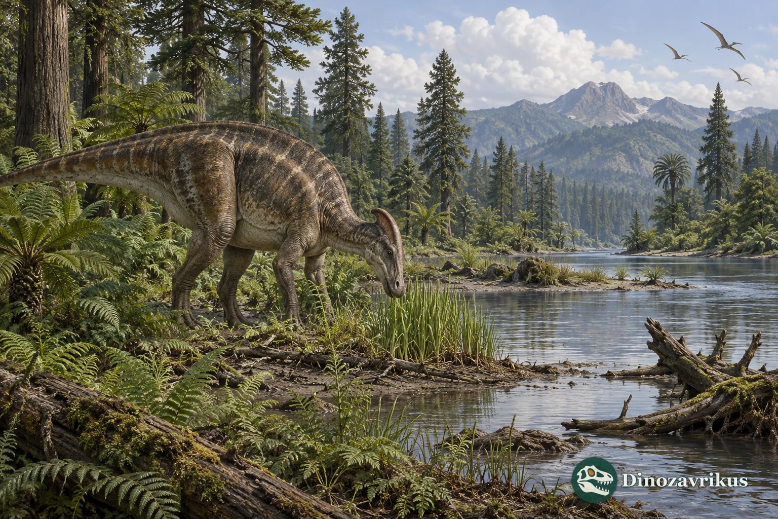 A herbivorous dinosaur beside a small patch of primitive grasses in a Late Cretaceous forested river margin
