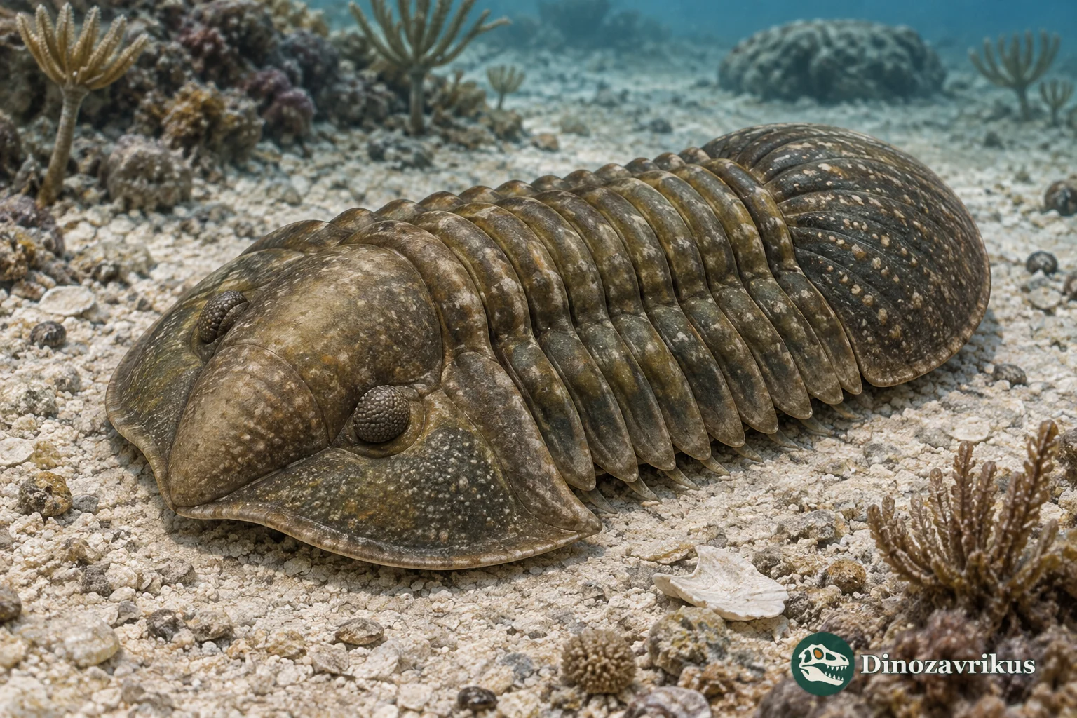 Reconstruction of a broad-headed Gravicalymene trilobite with a ribbed tail on an Ordovician sea floor
