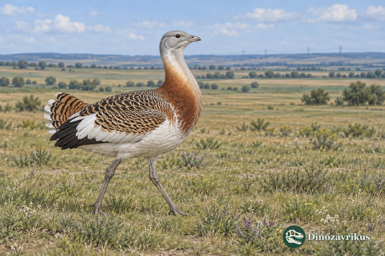 Male great bustard walking through open Eurasian grassland