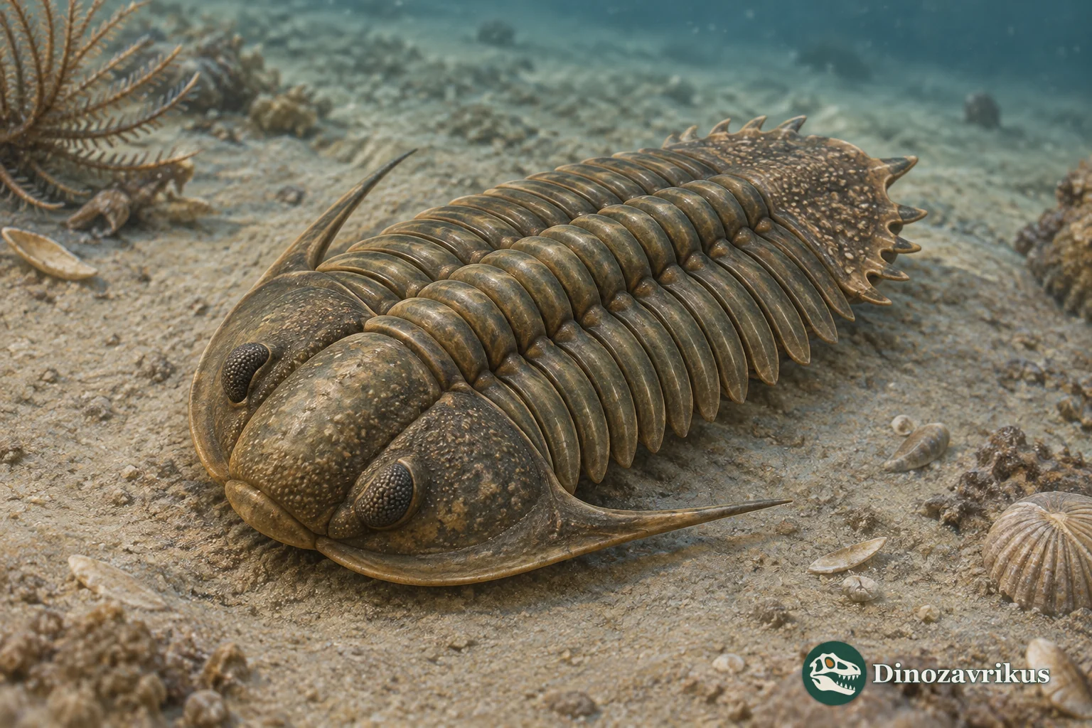 Reconstruction of Greenops boothi with long genal spines and a short lobed tail on a Devonian sea floor