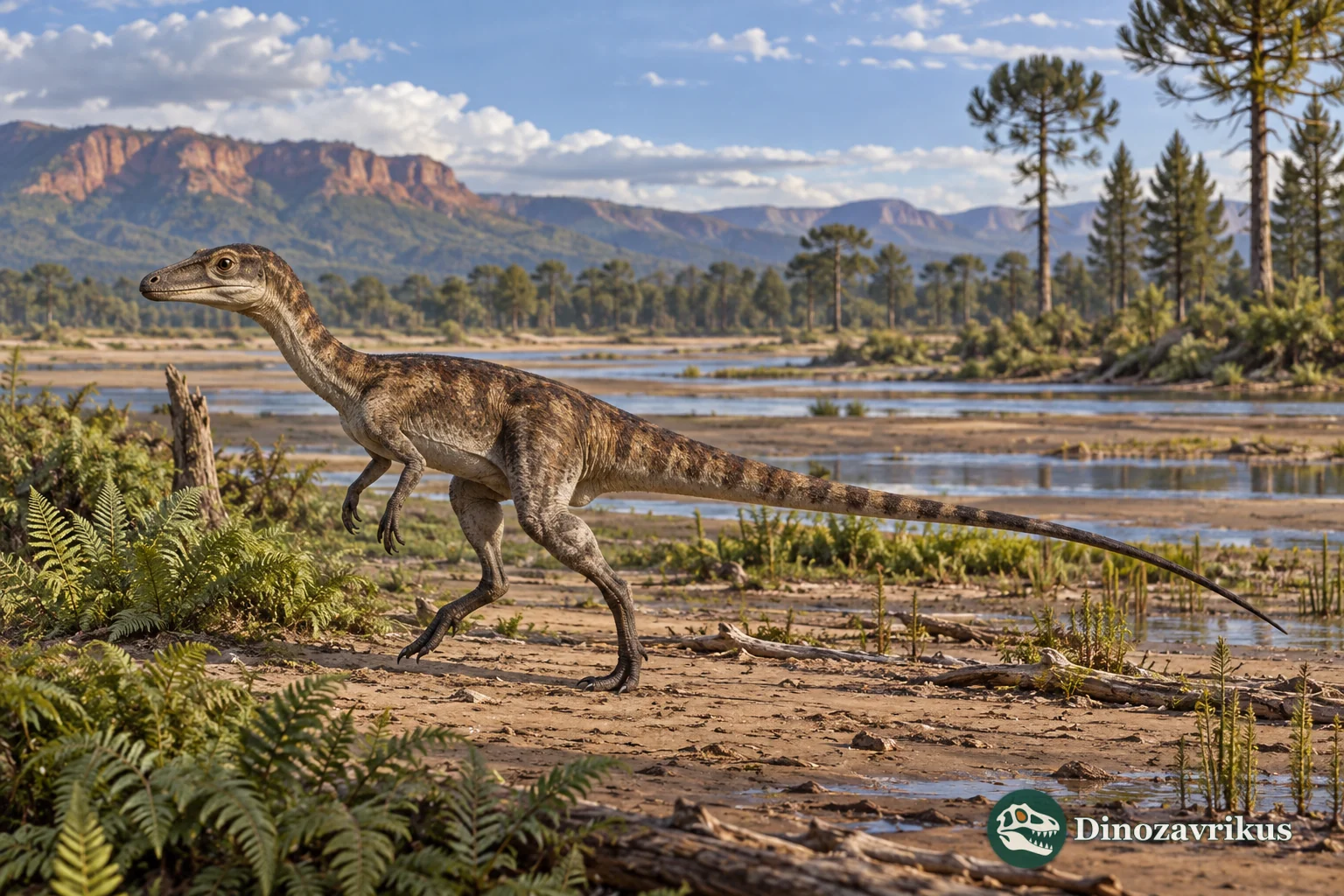 A small bipedal Guaibasaurus reconstructed on a Late Triassic river plain in southern Brazil