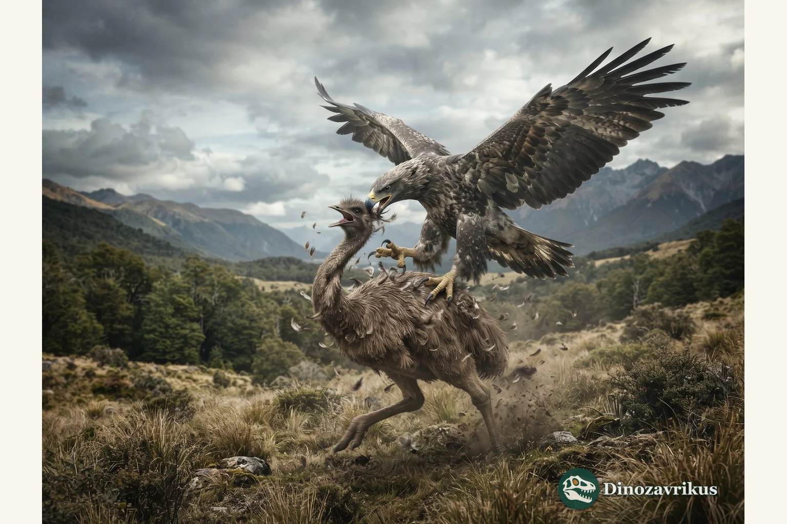 Haast's eagle reconstructed diving toward a moa in Pleistocene New Zealand
