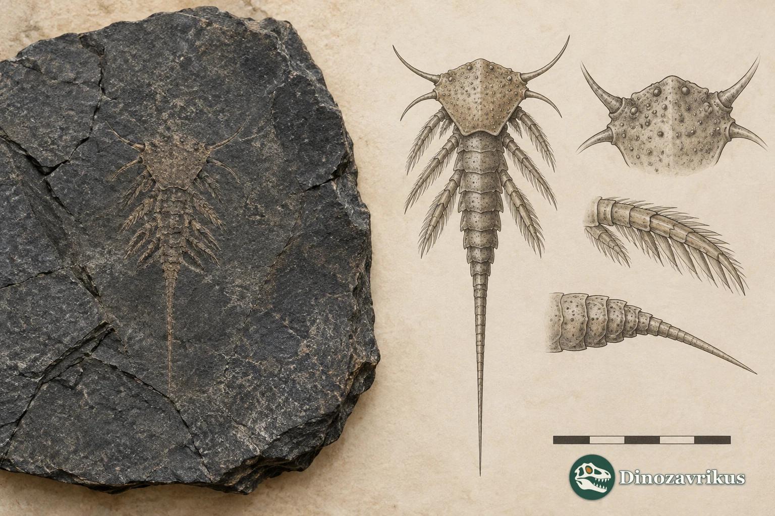 Interpretive plate of a Habelia compression fossil and anatomical details