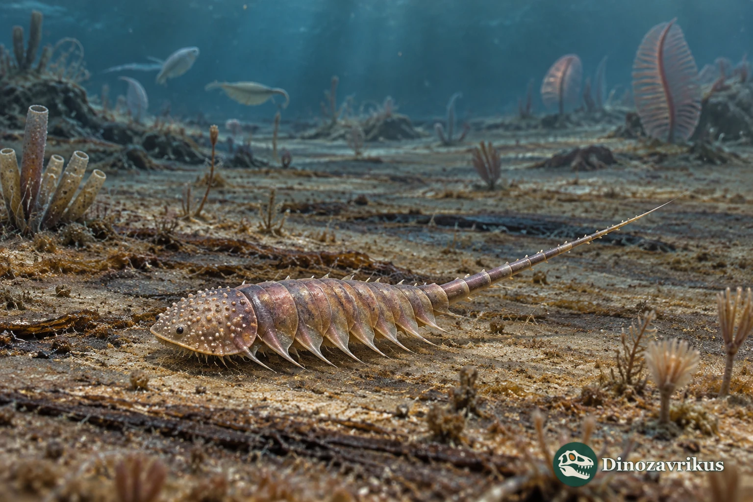 Artistic reconstruction of a small Habelia on a Cambrian seafloor