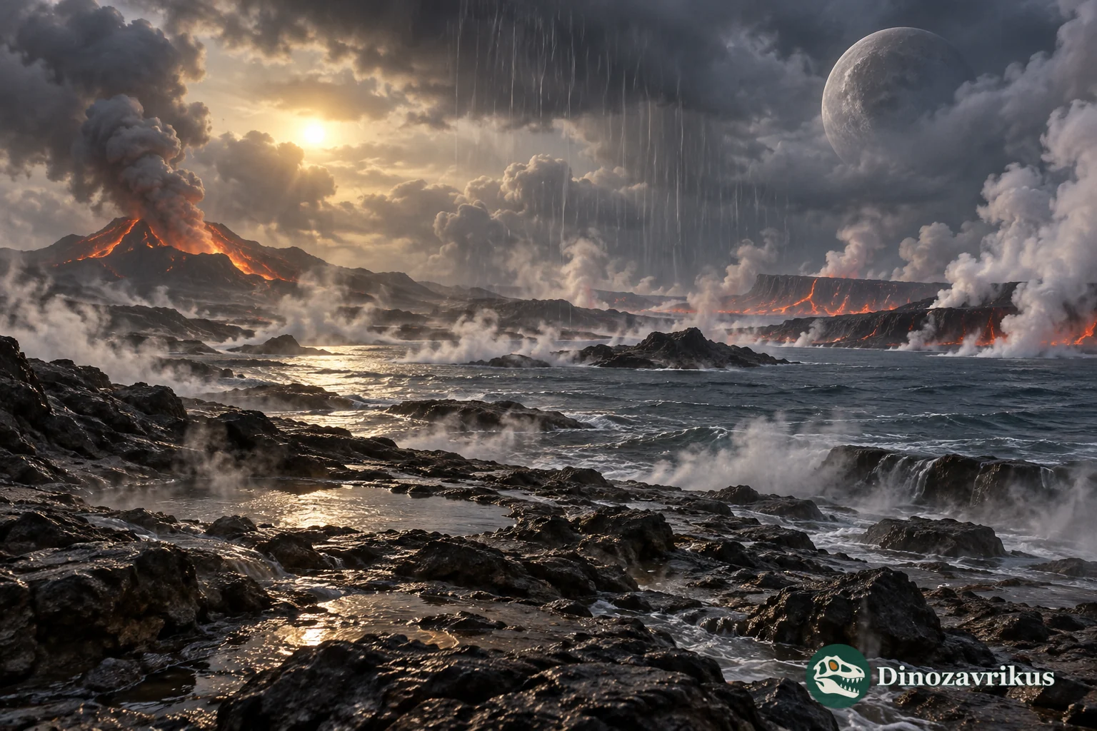 Young Hadean Earth with volcanic crust, impacts and early water under a dark sky