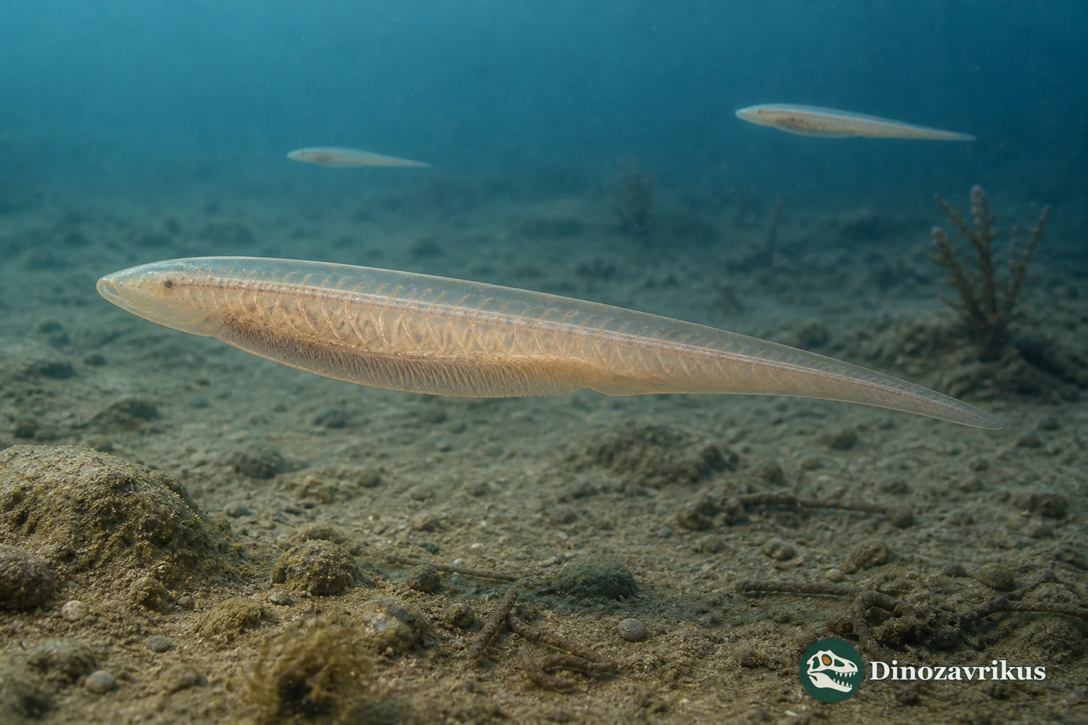 Haikouella swimming above the seabed in the Early Cambrian sea of Yunnan