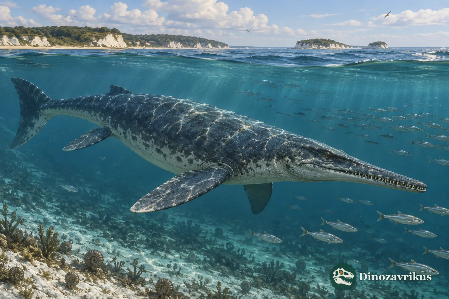 A mosasaur swims above a Late Cretaceous shallow marine floor
