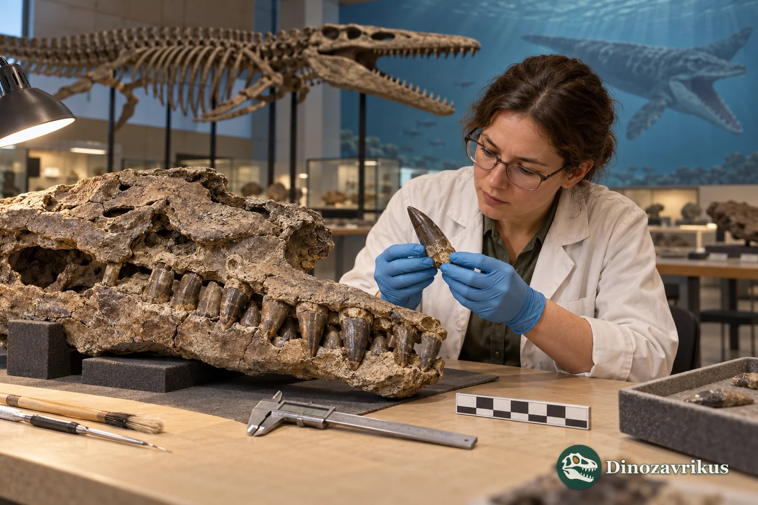 A paleontologist compares a mosasaur tooth and skull fragments at a museum worktable