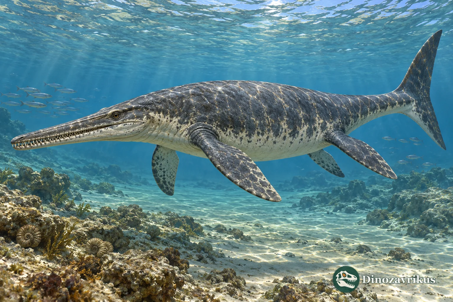 Artistic reconstruction of a long-snouted Hainosaurus mosasaur in a Late Cretaceous sea